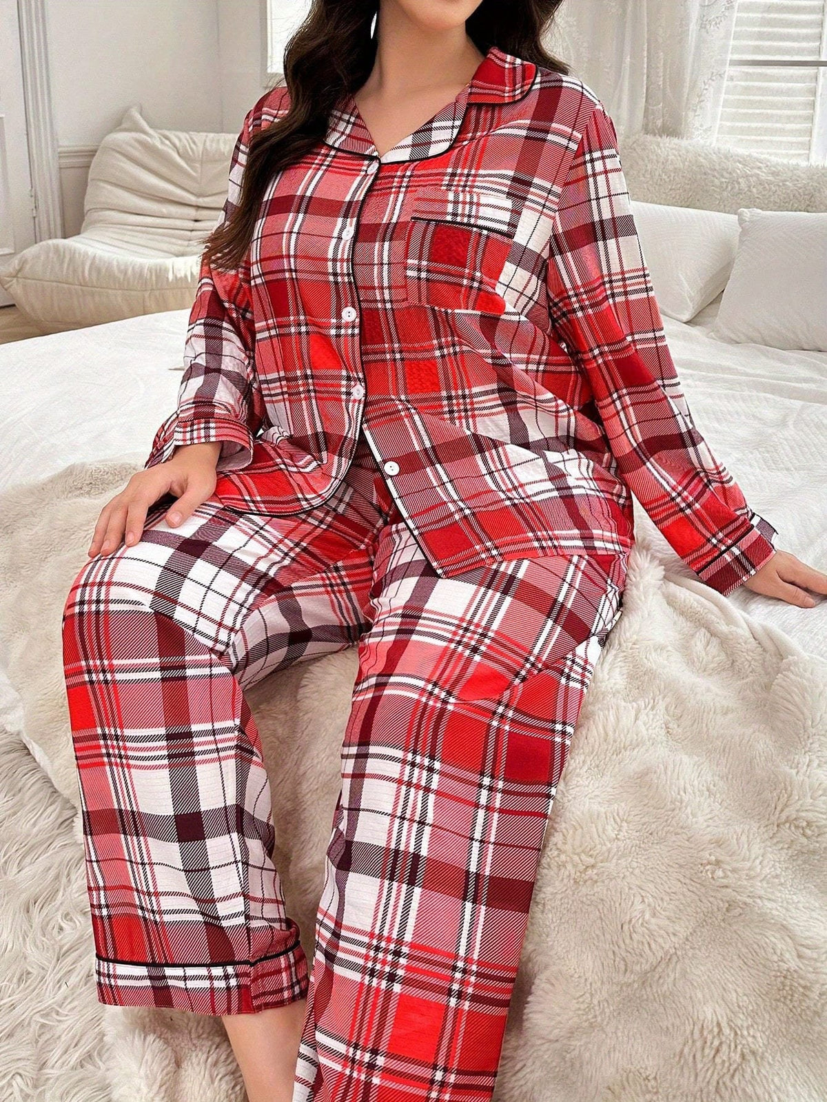 KissICON Cozy Curve Red Brown Plaid Loungewear Set