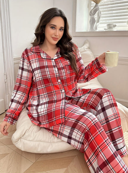KissICON Cozy Curve Red Brown Plaid Loungewear Set