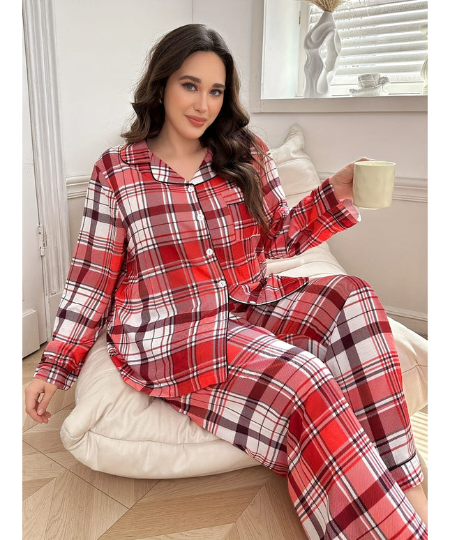 KissICON Cozy Curve Red Brown Plaid Loungewear Set