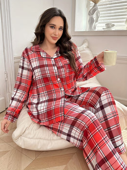 KissICON Cozy Curve Red Brown Plaid Loungewear Set