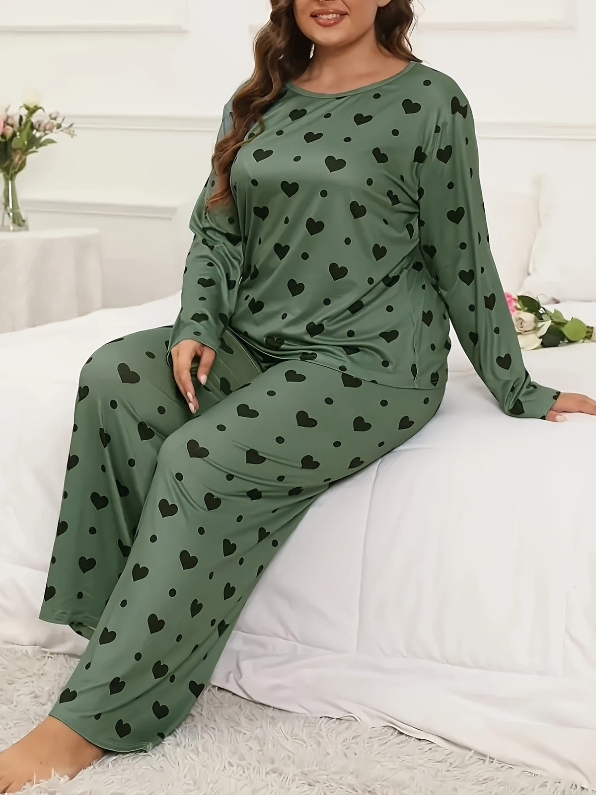 jkthpu-45 Cozy Fleece Polka Dot Heart Loungewear Set