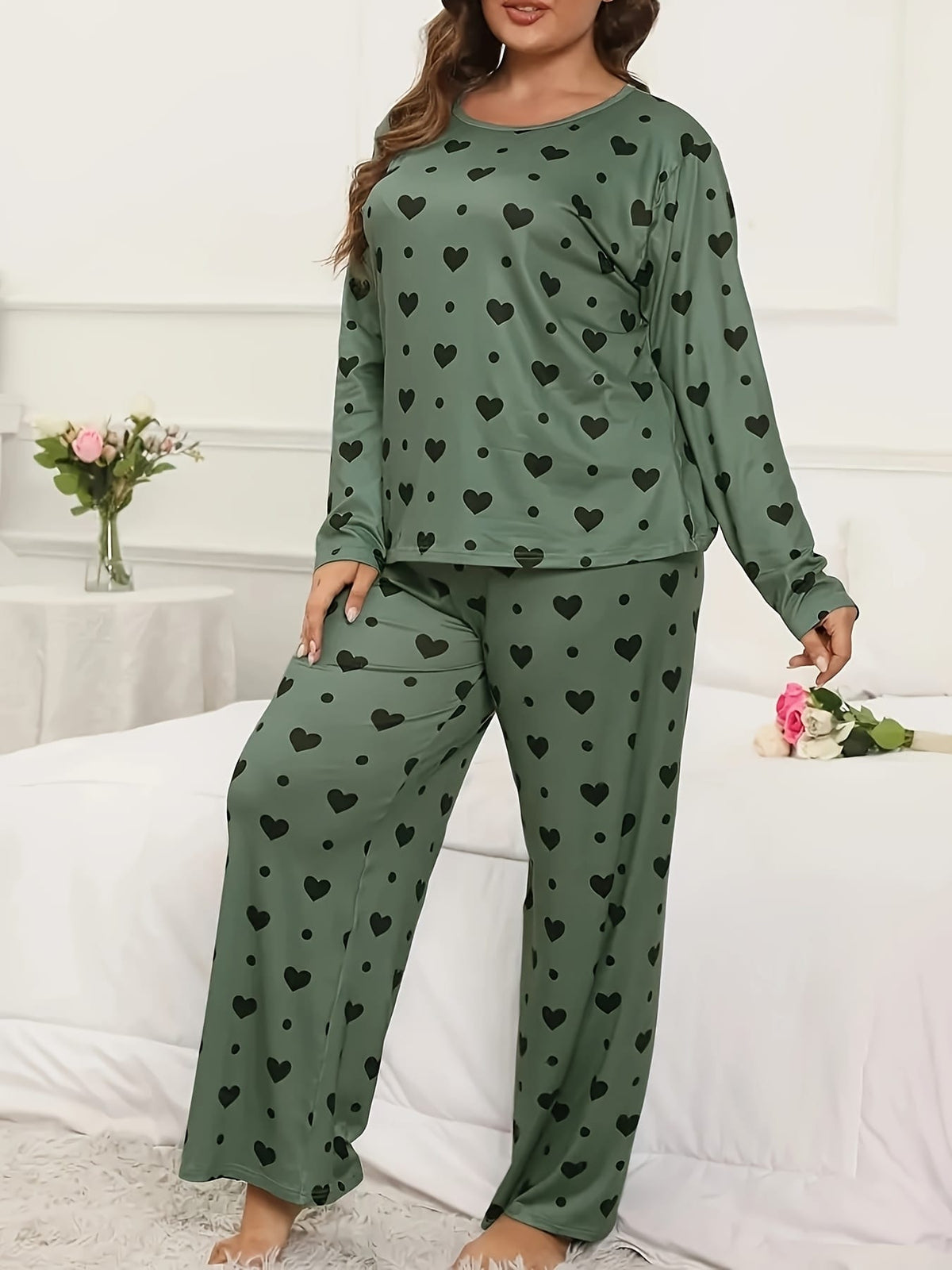 jkthpu-45 Cozy Fleece Polka Dot Heart Loungewear Set