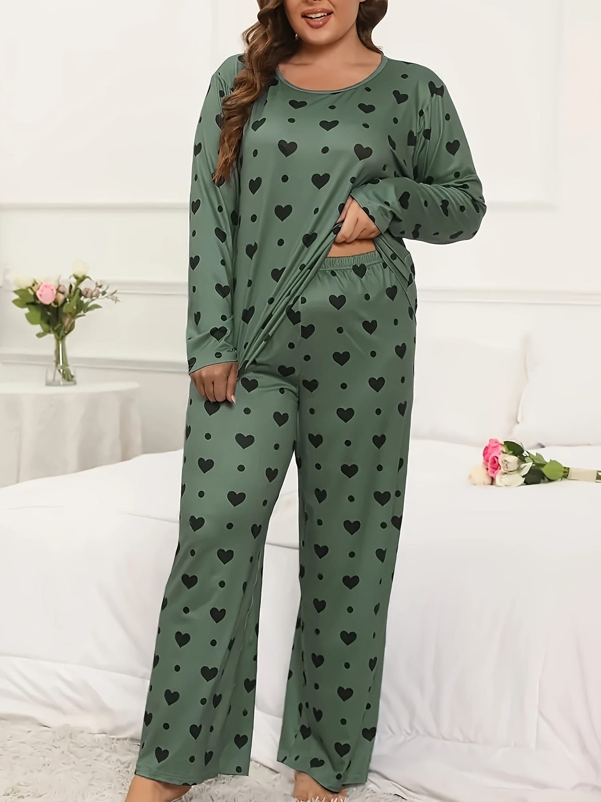 jkthpu-45 Cozy Fleece Polka Dot Heart Loungewear Set