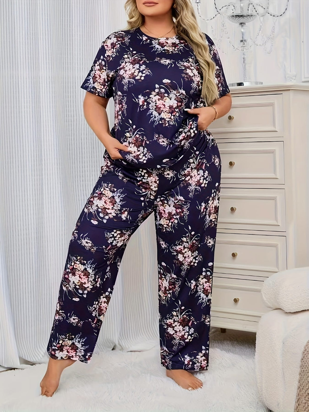 jkthpu-45 Cozy Floral Print Pajama Set for Plus Size Women - Navy Blue with Pink and White Flowers, Short Sleeves, and Relaxed Fit