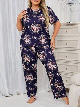 jkthpu-45 Cozy Floral Print Pajama Set for Plus Size Women - Navy Blue with Pink and White Flowers, Short Sleeves, and Relaxed Fit