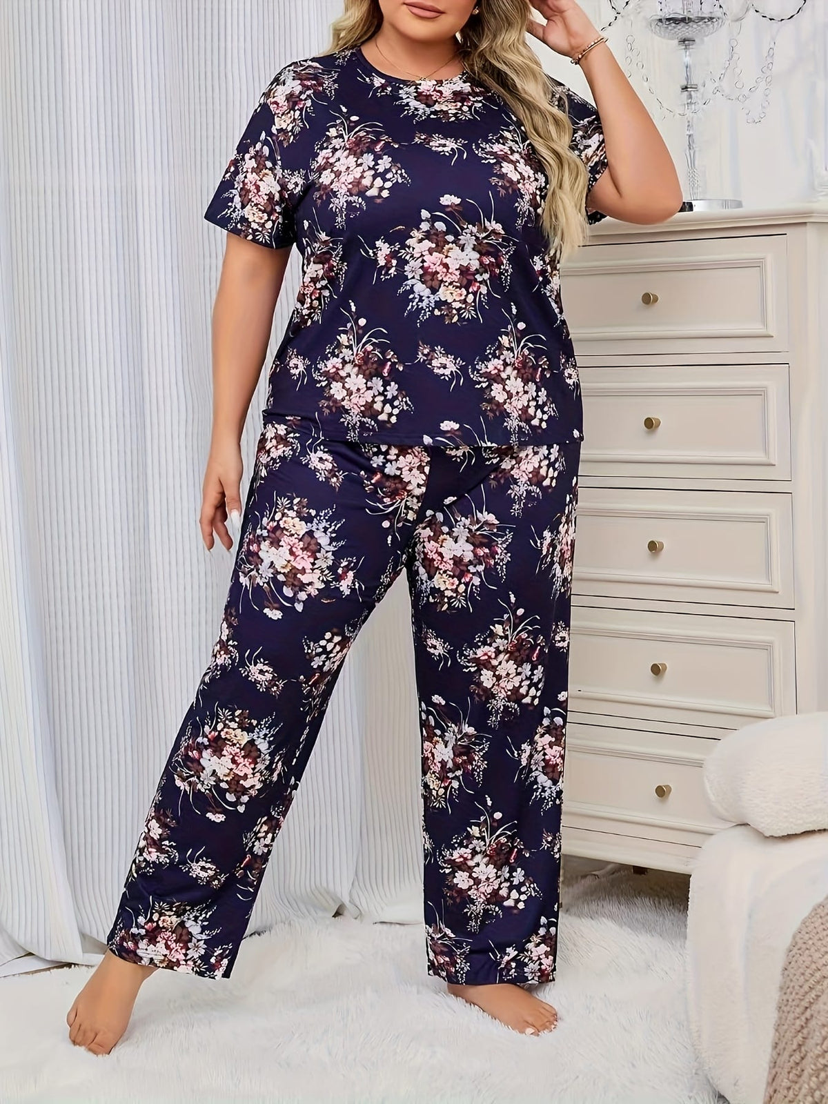 jkthpu-45 Cozy Floral Print Pajama Set for Plus Size Women - Navy Blue with Pink and White Flowers, Short Sleeves, and Relaxed Fit