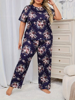 jkthpu-45 Cozy Floral Print Pajama Set for Plus Size Women - Navy Blue with Pink and White Flowers, Short Sleeves, and Relaxed Fit