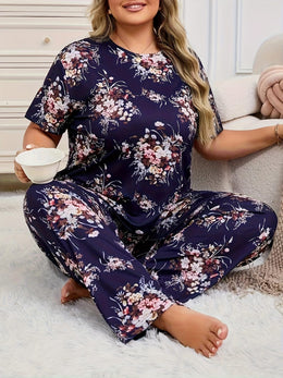 jkthpu-45 Cozy Floral Print Pajama Set for Plus Size Women - Navy Blue with Pink and White Flowers, Short Sleeves, and Relaxed Fit