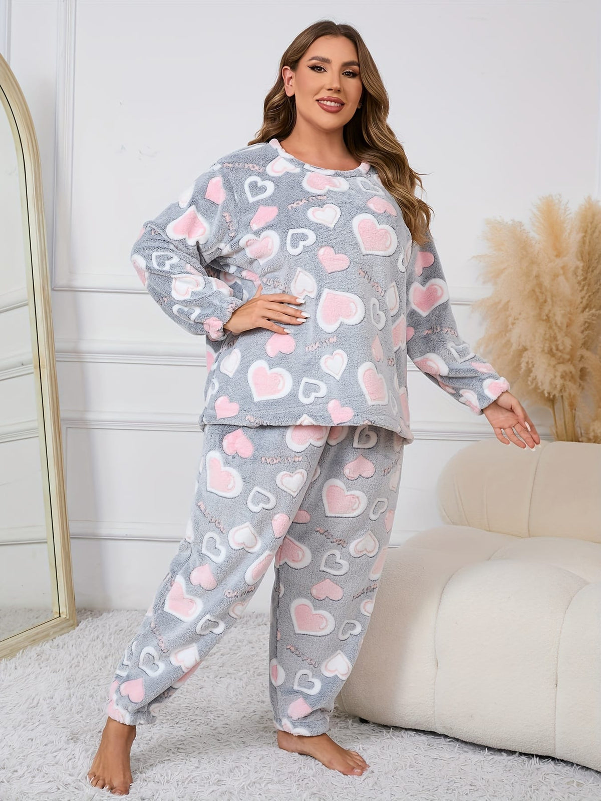 jkthpu-45 [Cozy Heart Pattern Pajama Set] 2 Piece Plus
