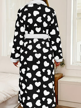 jkthpu-45 Cozy Heart Print Plush Plus Size Robe Warm Loungewear