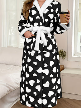 jkthpu-45 Cozy Heart Print Plush Plus Size Robe Warm Loungewear