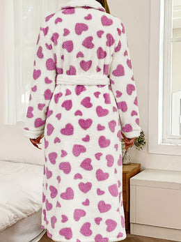 jkthpu-45 Cozy Heart Print Plush Plus Size Robe Warm Loungewear