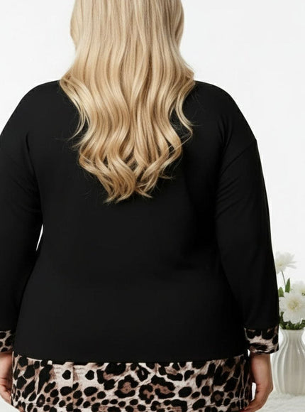 jkthpu-45 Cozy Leopard Print Long Sleeve Pullover Top with Chain
