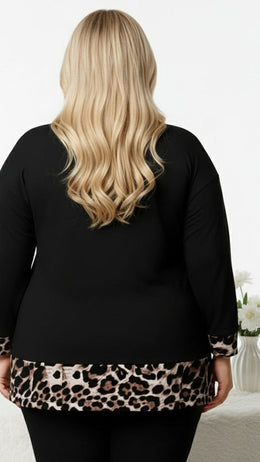 jkthpu-45 Cozy Leopard Print Long Sleeve Pullover Top with Chain