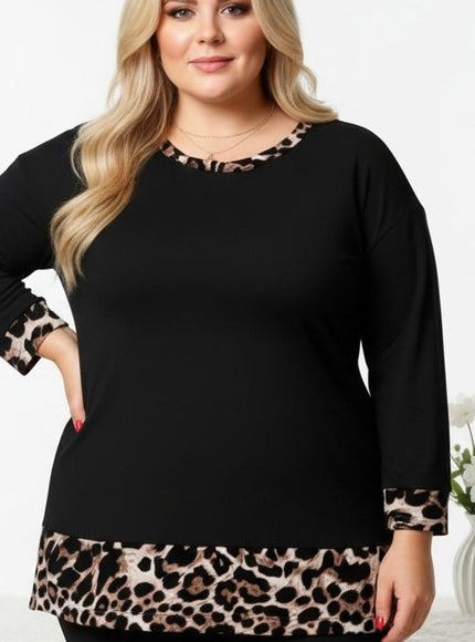 jkthpu-45 Cozy Leopard Print Long Sleeve Pullover Top with Chain