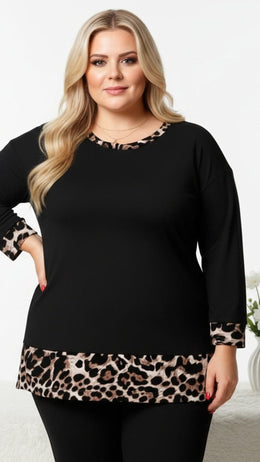 jkthpu-45 Cozy Leopard Print Long Sleeve Pullover Top with Chain