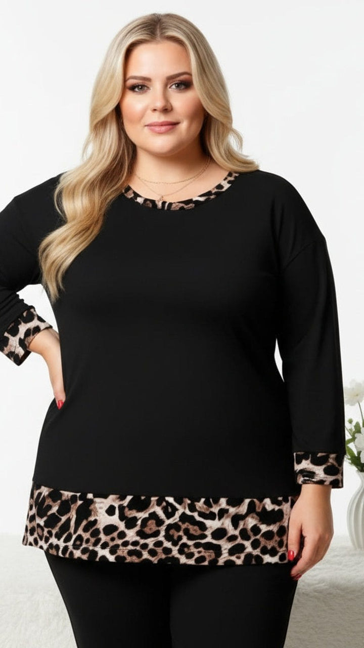 Cozy Leopard Print Long Sleeve Pullover Top with Chain