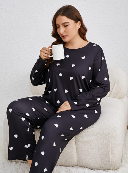 jkthpu-45 Cozy Plus Size Heart Pattern Pajama Set -