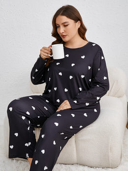 jkthpu-45 Cozy Plus Size Heart Pattern Pajama Set -