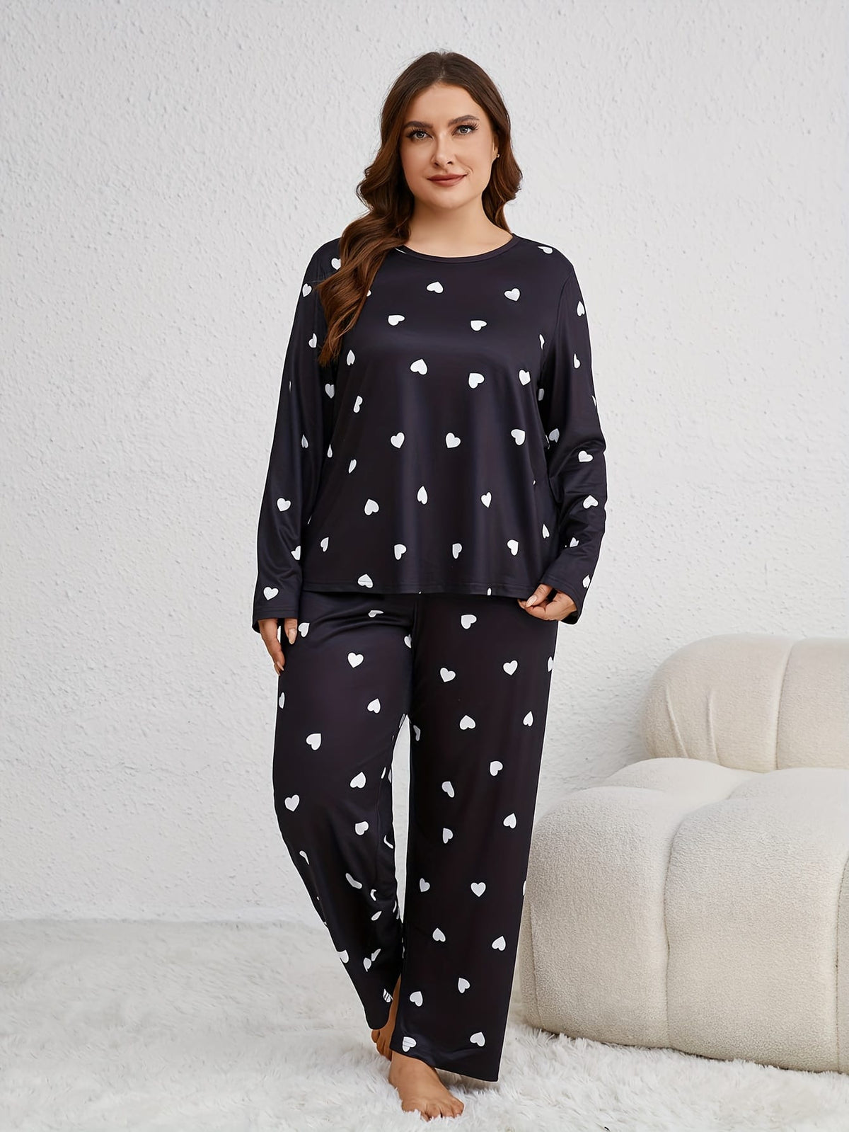 jkthpu-45 Cozy Plus Size Heart Pattern Pajama Set -