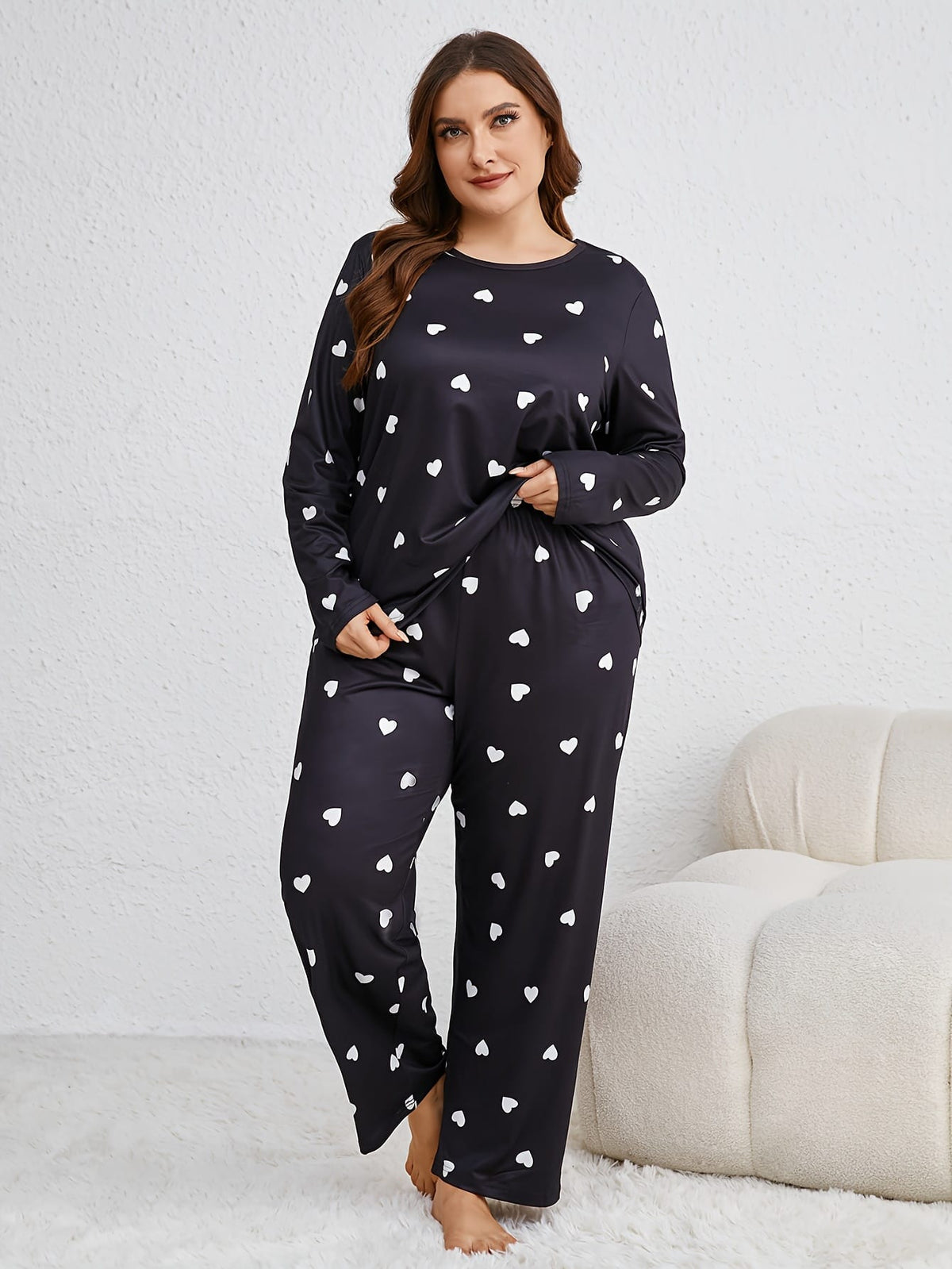 jkthpu-45 Cozy Plus Size Heart Pattern Pajama Set -