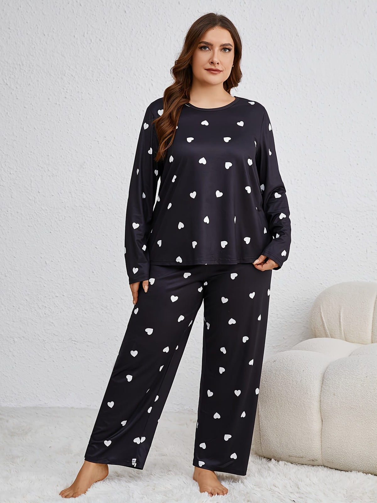 jkthpu-45 Cozy Plus Size Heart Pattern Pajama Set -