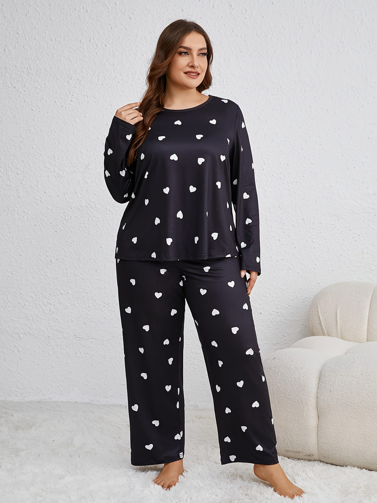 jkthpu-45 Cozy Plus Size Heart Pattern Pajama Set -