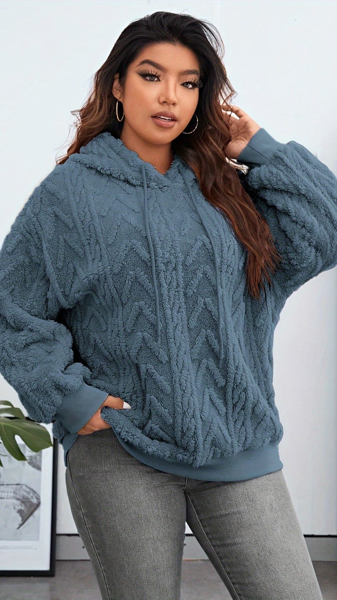 jkthpu-45 Cozy Plus Size Teddy Fleece Drop Shoulder Hoodie