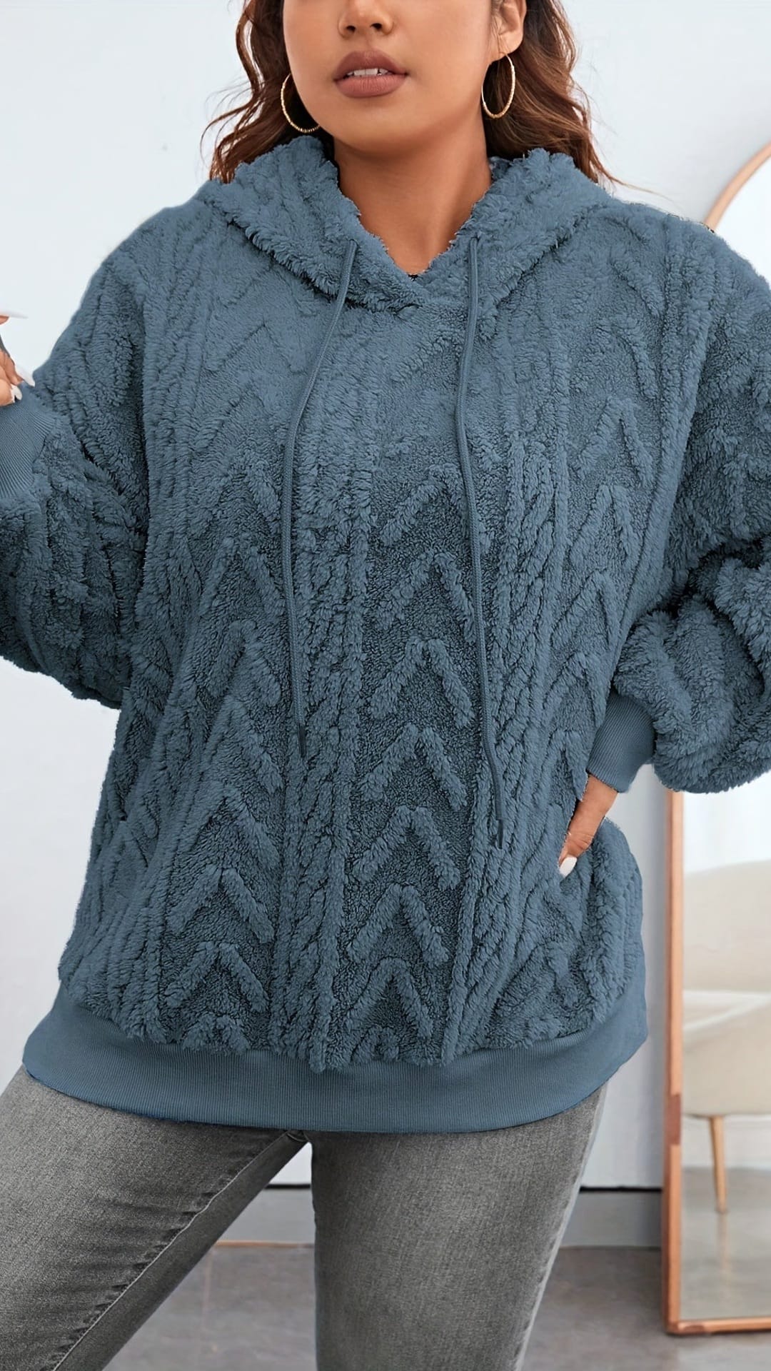 jkthpu-45 Cozy Plus Size Teddy Fleece Drop Shoulder Hoodie