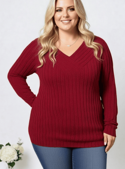 jkthpu-45 Cozy Plus Size VNeck Ribbed Sweater Casual FallWinter Essential