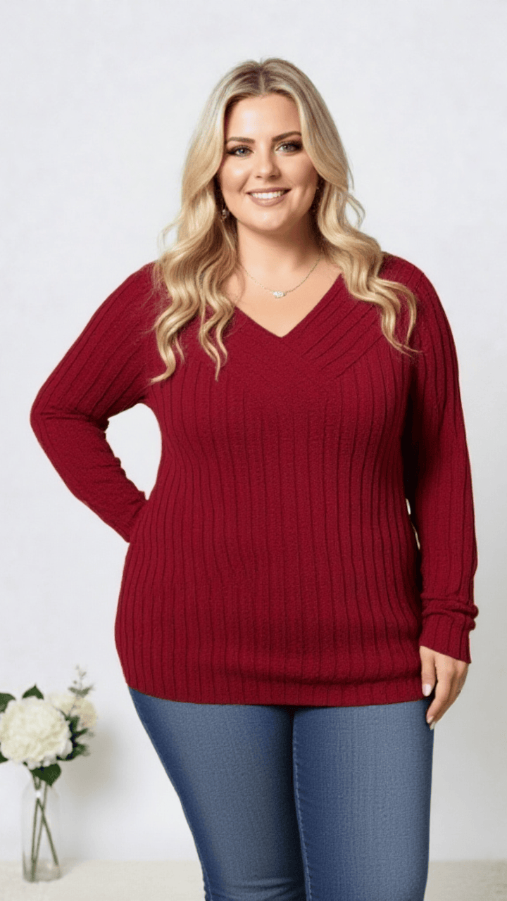 Cozy Plus Size VNeck Ribbed Sweater Casual FallWinter Essential