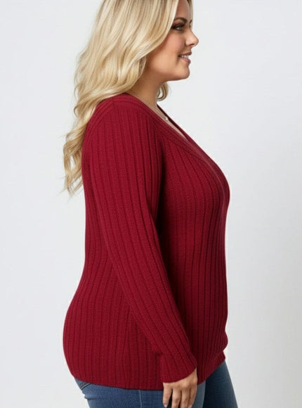 jkthpu-45 Cozy Plus Size VNeck Ribbed Sweater Casual FallWinter Essential