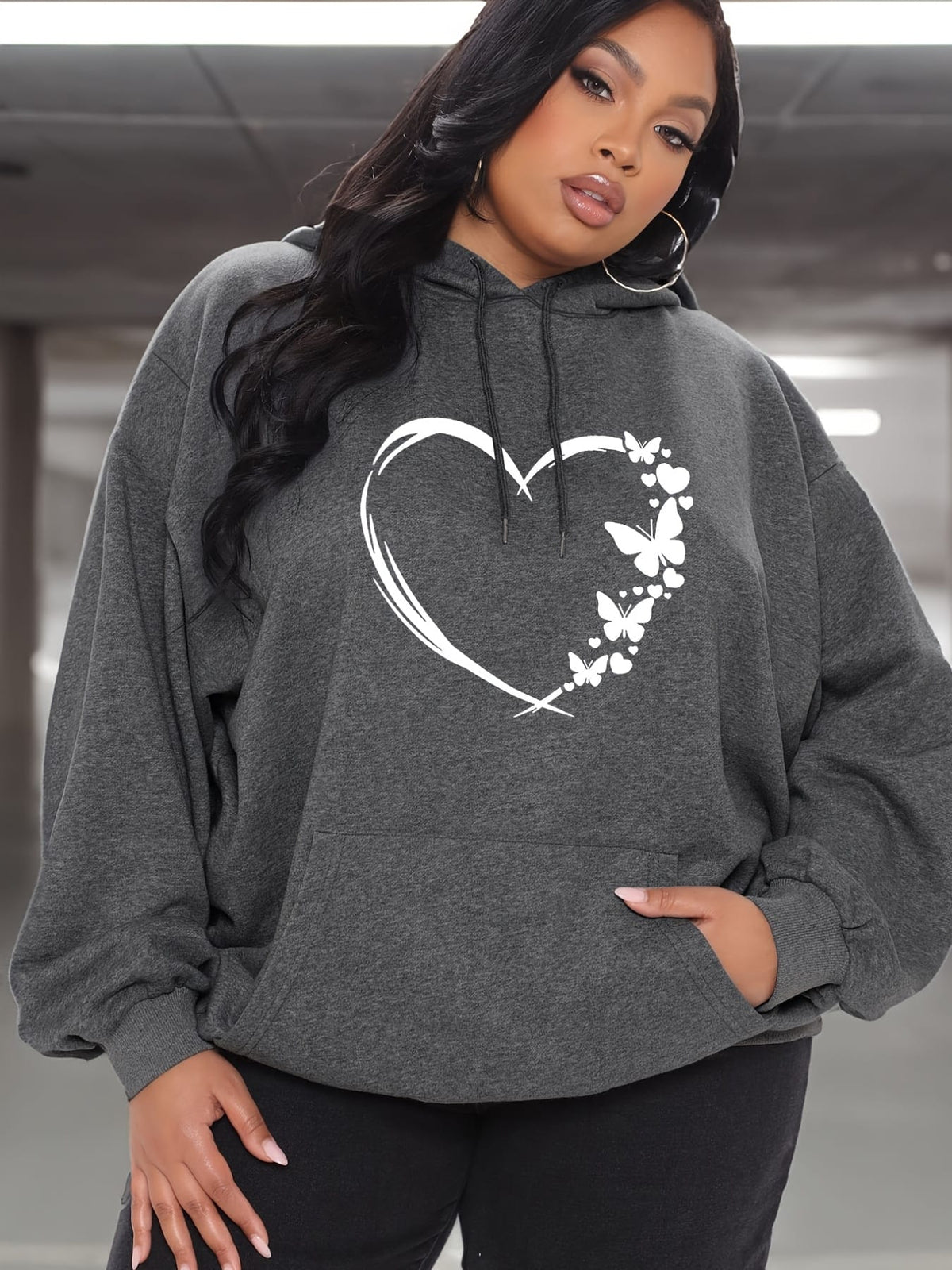jkthpu-45 Cozy Plus Size Women's Hoodie with Heart &