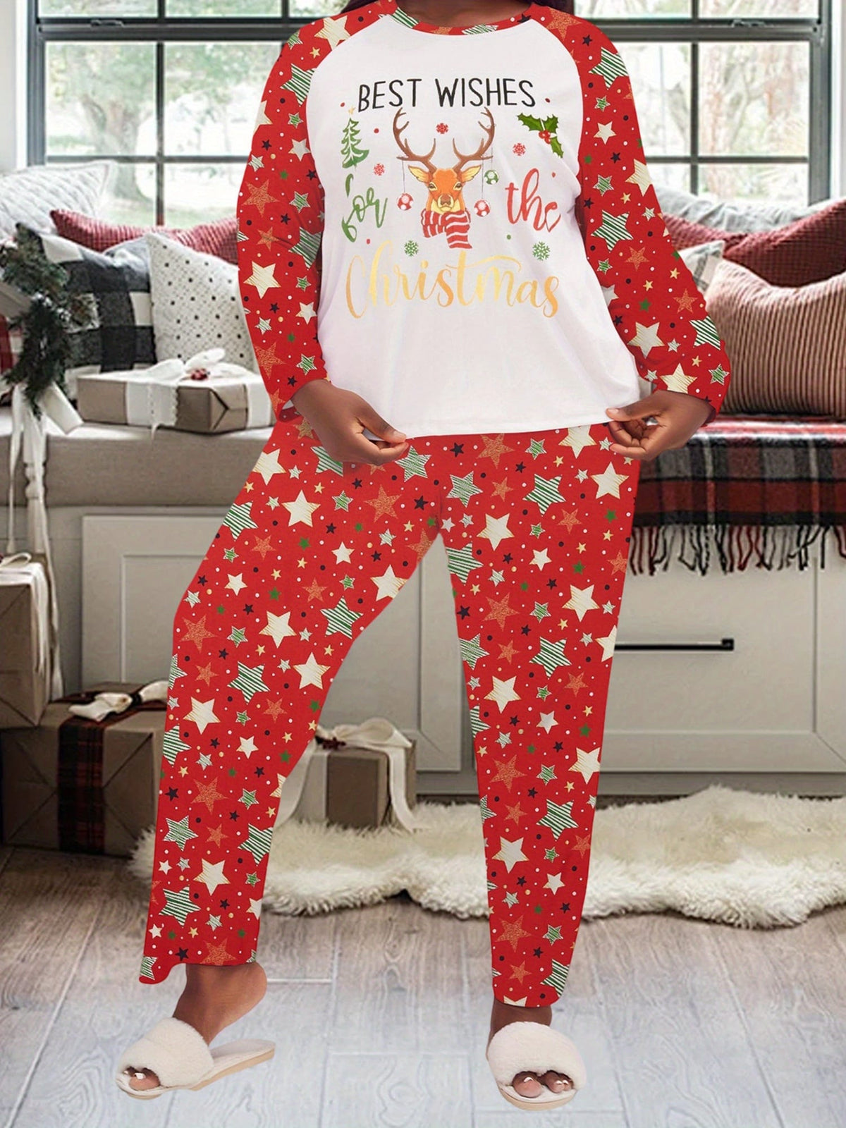 KissICON Cozy Reindeer Stars Curve Christmas Pajama Set
