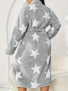 jkthpu-45 Cozy Star Print Plus Size Fleece Robe for FallWinter