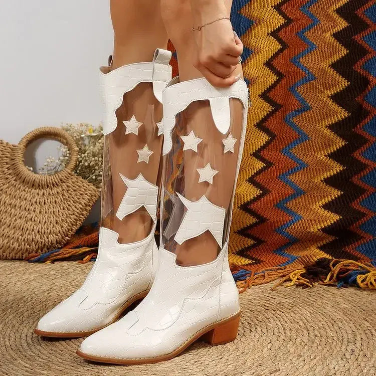 KissICON Creamy-white / 36 White Black Star Glamour Boots Zip Slip-On Fashion-Forward