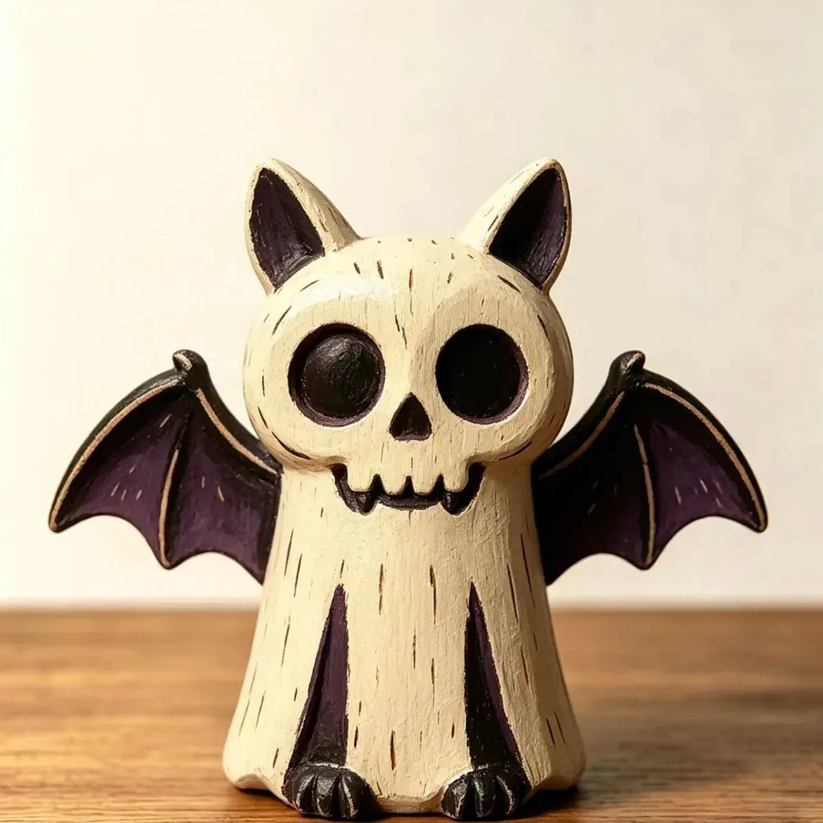 KissICON Creamy White Halloween Wooden Tabletop Decor, Hand-Painted Owl Ghost Pumpkin & Vampire Cat Figurines for Shelf Mantel Party Decoration