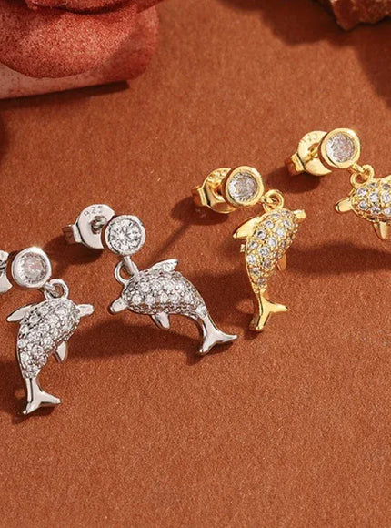 KissICON Creative 925 Silver-plated Women's Earrings, Exquisite Dolphin-shaped Stud Earring Fashionable Anniversary Gift Zircon Earrings