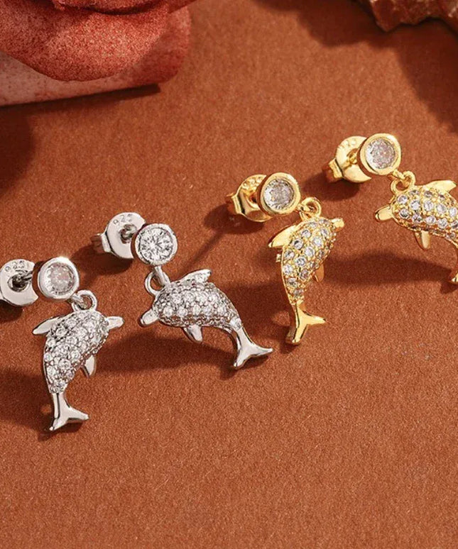KissICON Creative 925 Silver-plated Women's Earrings, Exquisite Dolphin-shaped Stud Earring Fashionable Anniversary Gift Zircon Earrings