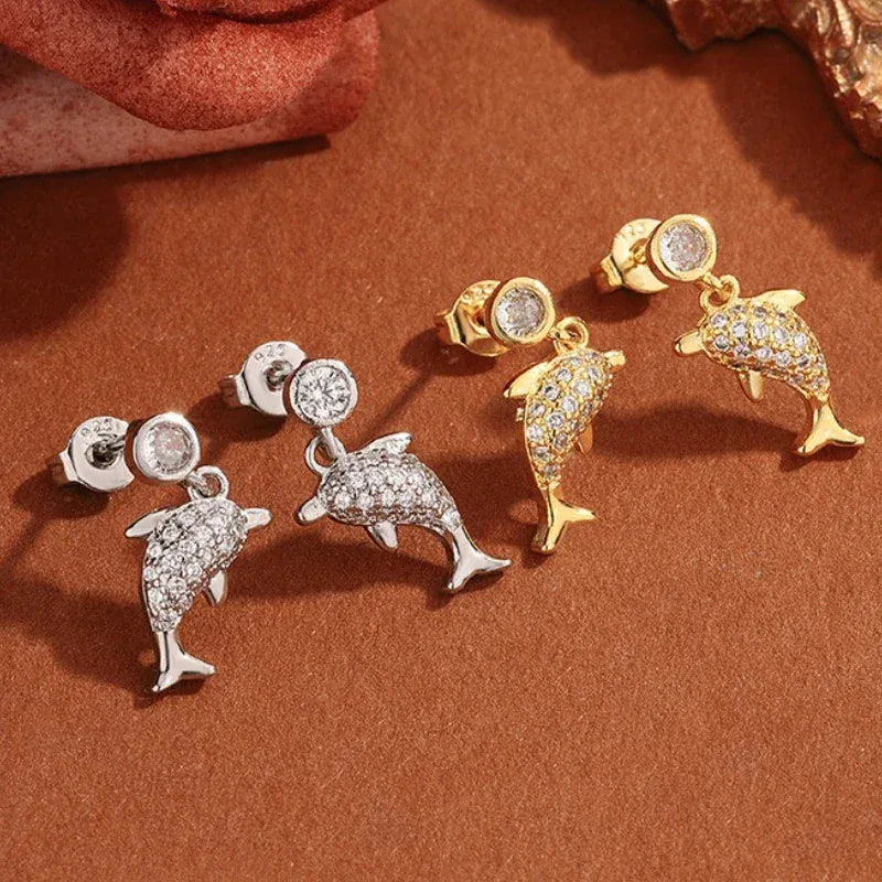 KissICON Creative 925 Silver-plated Women's Earrings, Exquisite Dolphin-shaped Stud Earring Fashionable Anniversary Gift Zircon Earrings