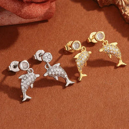 KissICON Creative 925 Silver-plated Women's Earrings, Exquisite Dolphin-shaped Stud Earring Fashionable Anniversary Gift Zircon Earrings