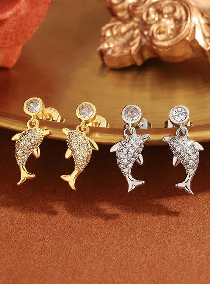 KissICON Creative 925 Silver-plated Women's Earrings, Exquisite Dolphin-shaped Stud Earring Fashionable Anniversary Gift Zircon Earrings