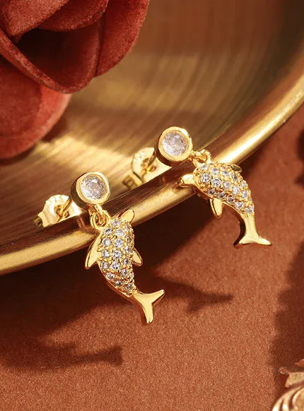 KissICON Creative 925 Silver-plated Women's Earrings, Exquisite Dolphin-shaped Stud Earring Fashionable Anniversary Gift Zircon Earrings