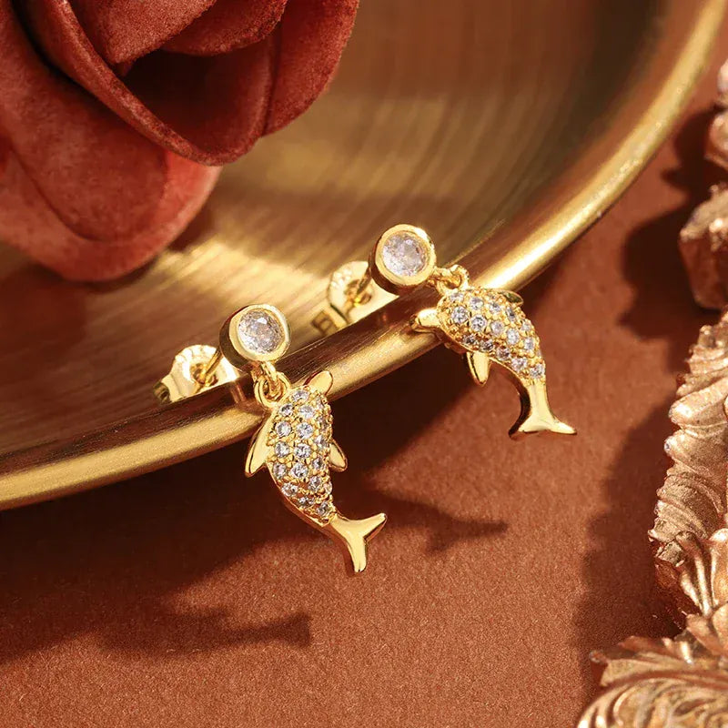 KissICON Creative 925 Silver-plated Women's Earrings, Exquisite Dolphin-shaped Stud Earring Fashionable Anniversary Gift Zircon Earrings