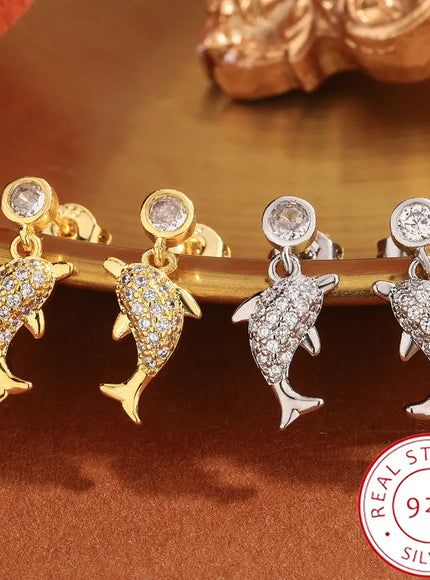 KissICON Creative 925 Silver-plated Women's Earrings, Exquisite Dolphin-shaped Stud Earring Fashionable Anniversary Gift Zircon Earrings