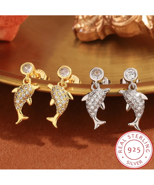 KissICON Creative 925 Silver-plated Women's Earrings, Exquisite Dolphin-shaped Stud Earring Fashionable Anniversary Gift Zircon Earrings