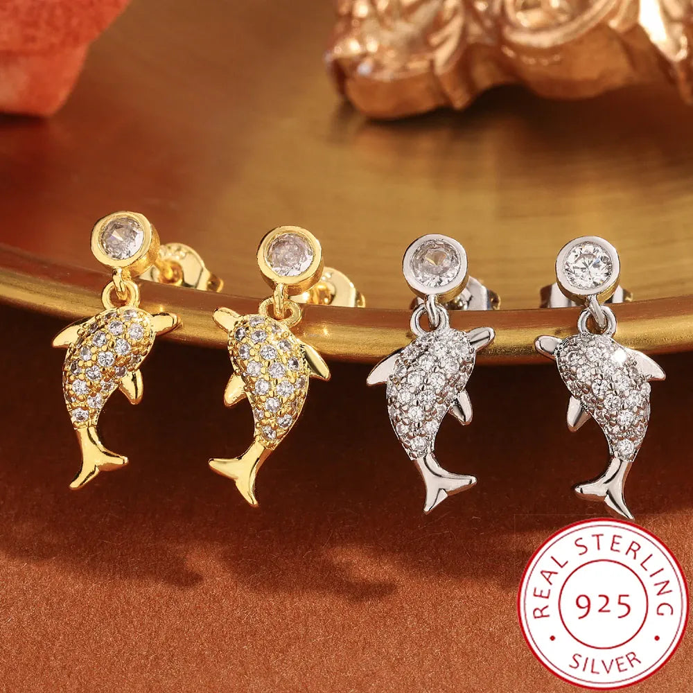 KissICON Creative 925 Silver-plated Women's Earrings, Exquisite Dolphin-shaped Stud Earring Fashionable Anniversary Gift Zircon Earrings