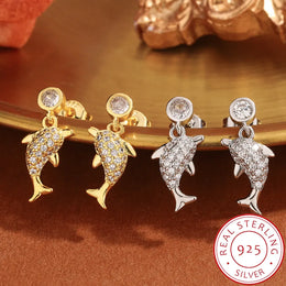 KissICON Creative 925 Silver-plated Women's Earrings, Exquisite Dolphin-shaped Stud Earring Fashionable Anniversary Gift Zircon Earrings