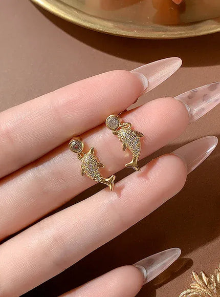 KissICON Creative 925 Silver-plated Women's Earrings, Exquisite Dolphin-shaped Stud Earring Fashionable Anniversary Gift Zircon Earrings
