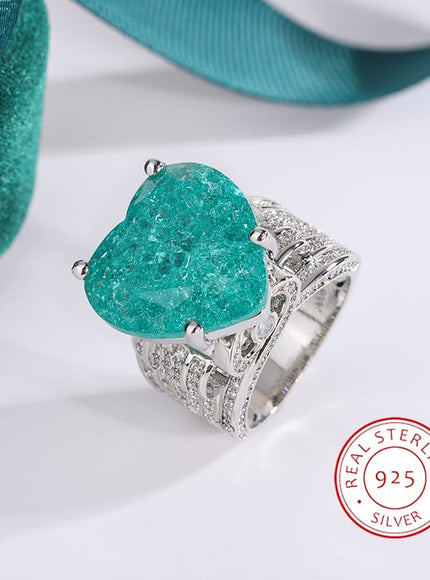 KissICON 💋 Creative Hollow Paraiba Emerald Heart Ring - Zircon Shine